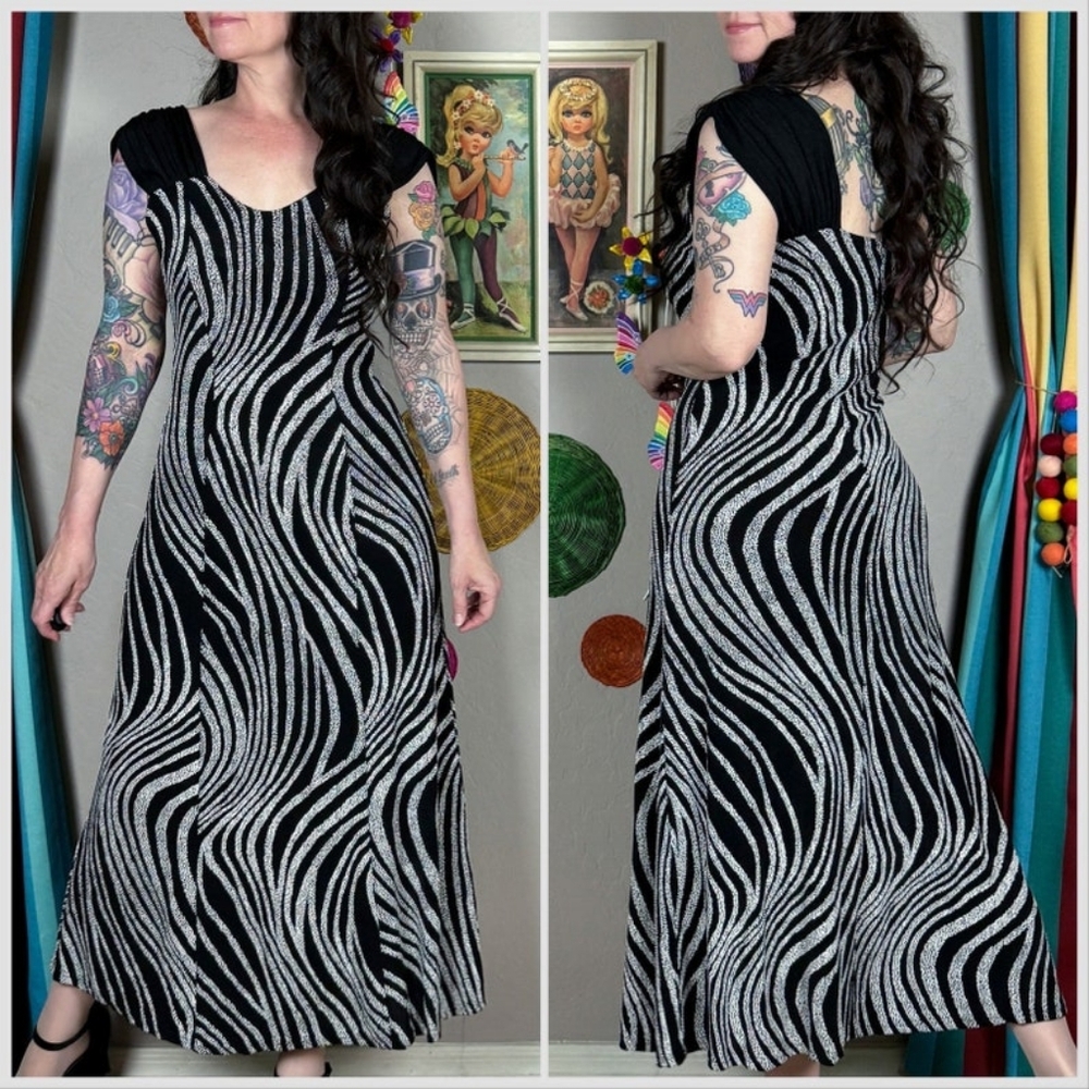 Vintage 1990s Abstract Zebra Print Slinky Midi Dress By Stretch Grunge Size L